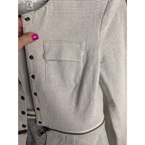 CAbi Zip Line Peplum Blazer Jacket White Black Grid Womens Sz 2 Snap Close - Picture 9 of 11